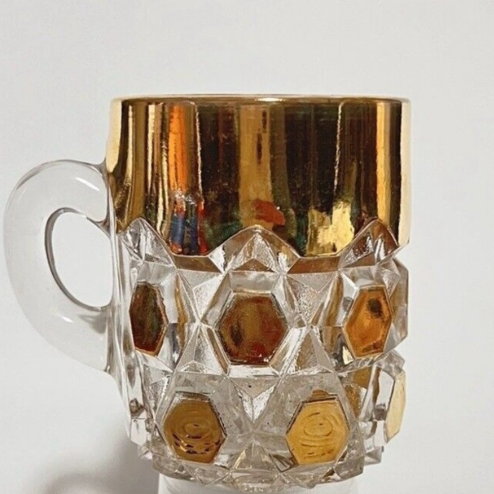 Vintage Glass Mug Cup Gold Leaf Clear Fancy Small 3" Hexagon Bevel Art Deco - Picture 1 of 7